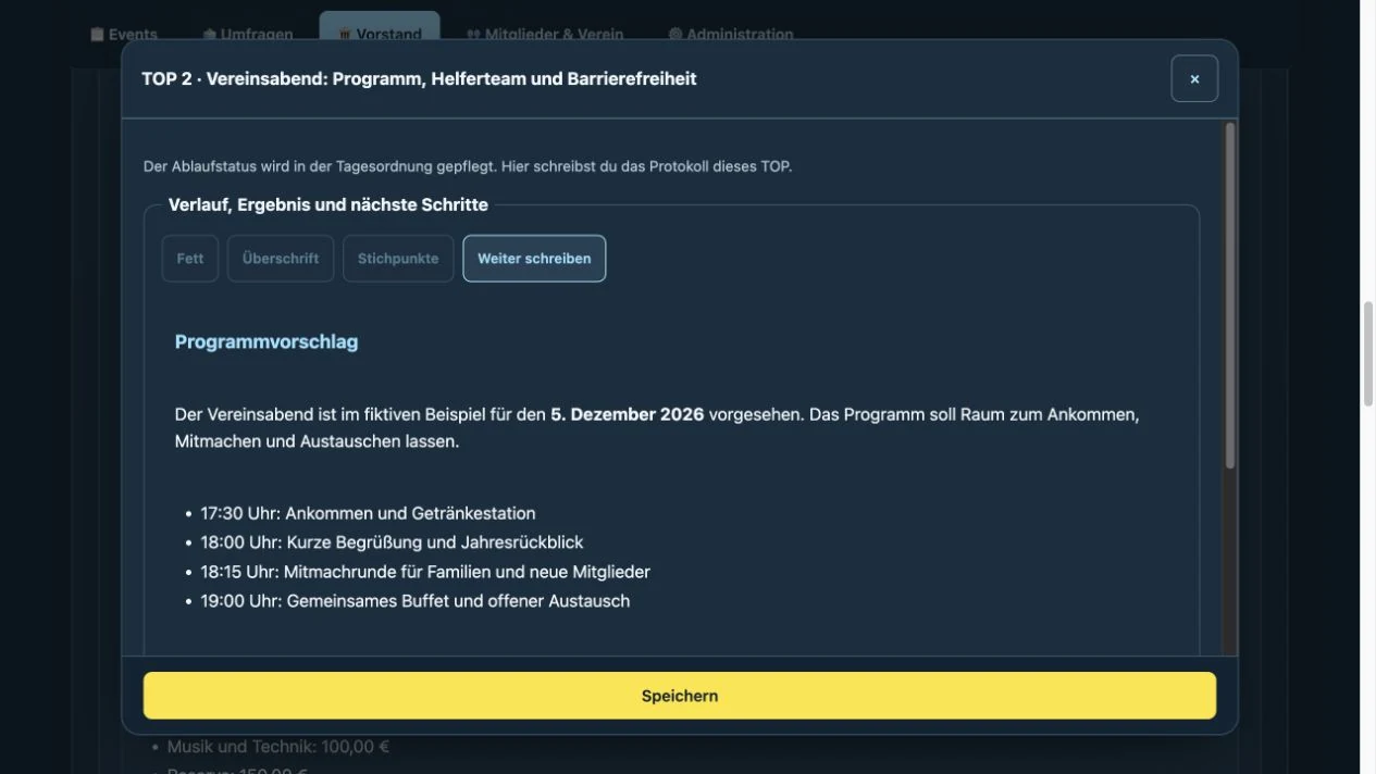 Protokollvorschau mit Überschrift, hervorgehobenem Termin und Stichpunkten im fiktiven Verein Sonnental.